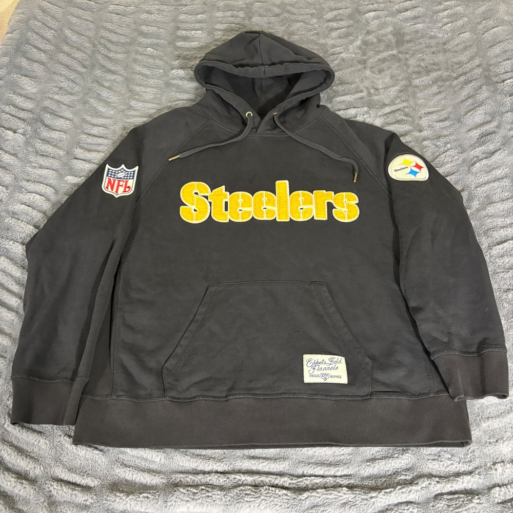 Ebbets Field Flannels Pittsburgh Steelers NFL Hoodie Black XL Embroidered Patch